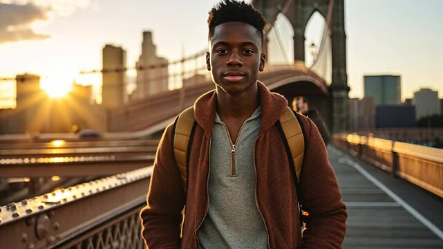 Junger schwarzer Mann mit Rucksack steht vor einem Bahnhof