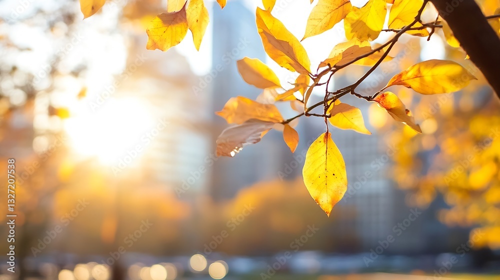 Aufkleber autumn leaves glowing in the sunlight with soft focus background of an urban setting : generative ai