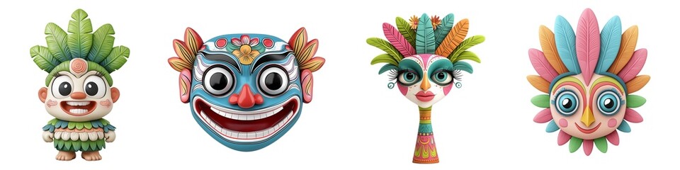 These four unique masks showcase diverse cultural artistry, featuring bright colors and intricate designs representing various traditions and celebrations.