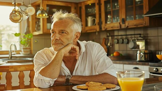 &Auml;lterer Mann sitzt entspannt am Fr&uuml;hst&uuml;ckstisch mit Saft