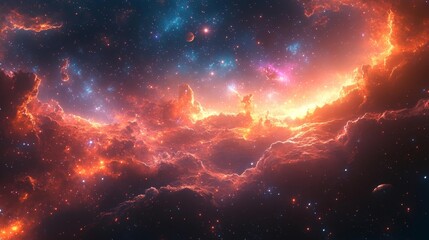 Obraz premium Vibrant cosmic nebula with stars galaxies and planets depicting an otherworldly ethereal scene in deep space. Generative AI