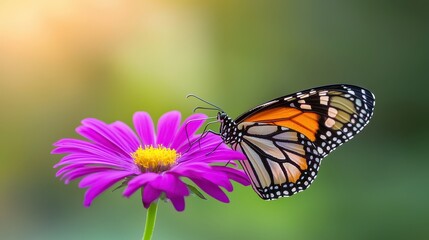 Obraz premium Butterfly resting on a vibrant purple flower, nature and wildlife harmony, soft natural lighting