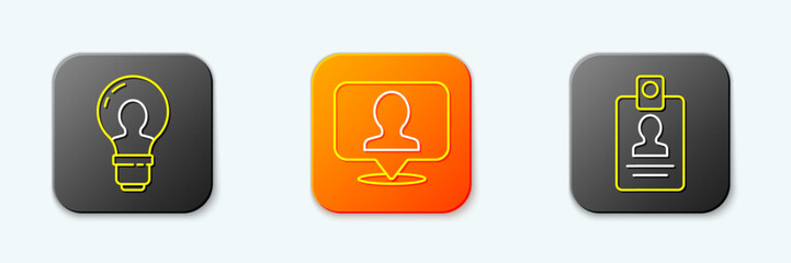 Set line Head with lamp bulb, Location person and Identification badge icon. Vector