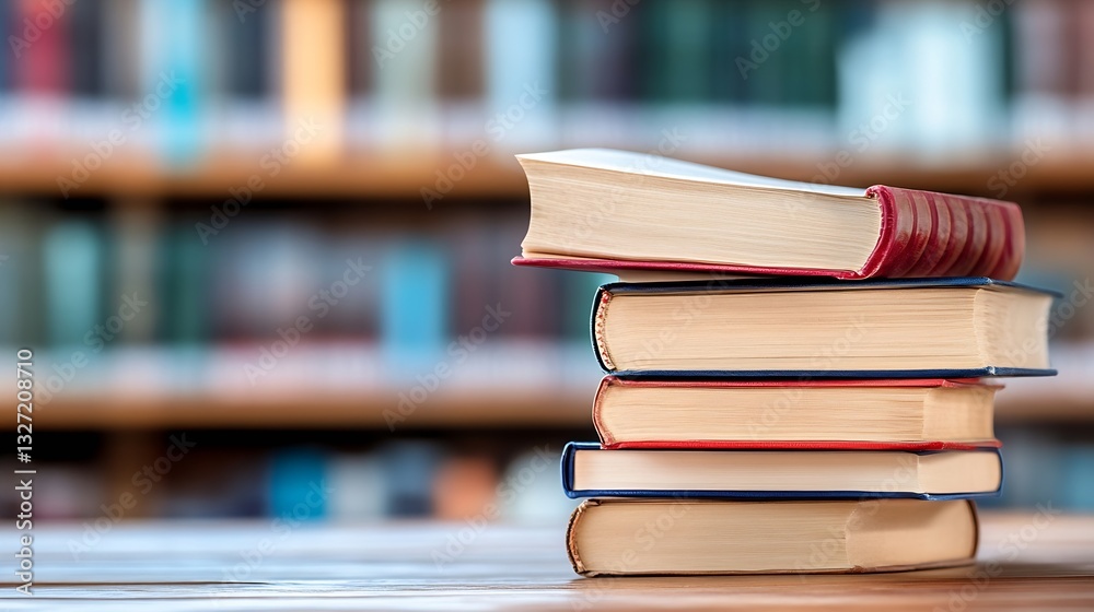 Poster Stack of assorted books on a wooden table with blurred library background creating a scholarly atmosphere : Generative AI
