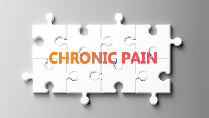 Chronic Pain complex like a puzzle - pictured as word chronic pain on a puzzle pieces to show that chronic pain is complex and needs cooperating pieces that fit together. ,3d illustration