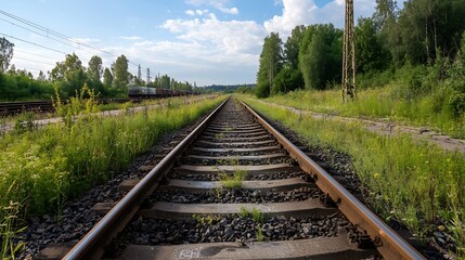 Obraz premium Abandoned railway track with lush greenery on both sides illustrating nature reclaiming urban spaces : Generative AI