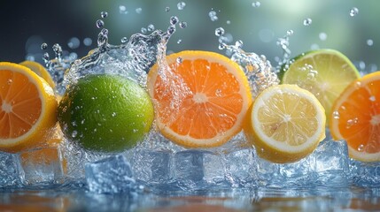 Vibrant splash of fruits and ice cubes with water droplets in a refreshing scene. Generative AI
