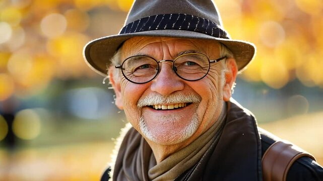 &Auml;lterer Mann mit Hut lacht im herbstlichen Park