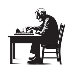 Deep in Thought Old Man Playing Chess silhouette, contemplating the next step - Old Man illustration - Minimalist Old Man vector - Tactical mind
