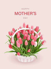 Obraz premium A wicker baskets with a bouquet of flowers isolated on a light background. Pink Tulips. Banner for Mother's Day. 
