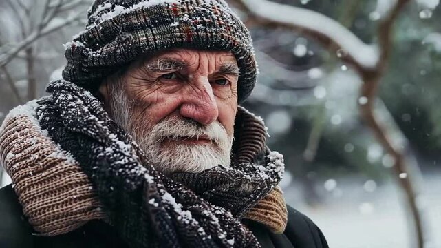 &Auml;lterer Mann mit Bart steht im Schneefall