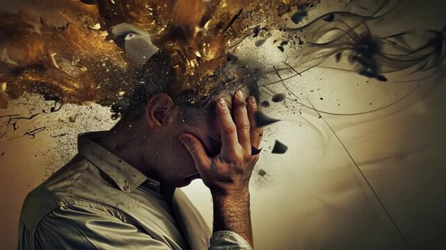 Mann mit explodierenden Gedanken als k&uuml;nstlerische Darstellung