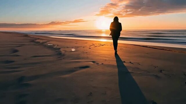 Mann geht allein bei Sonnenuntergang am Strand entlang