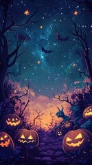 Fototapeta premium A spooky Halloween night landscape filled with scary characters and jack o lanterns