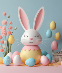 Obraz premium Whimsical Easter celebration with cheerful bunny and colorful eggs in a pastel setting