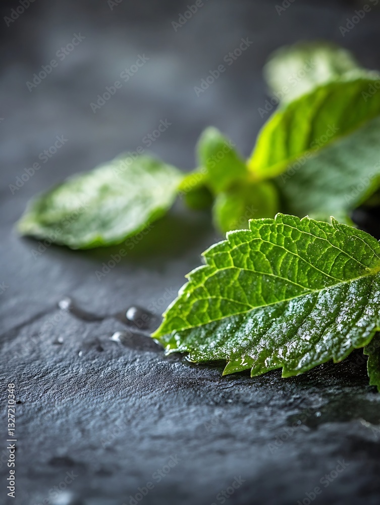 Poster fresh mint leaves on a dark slate background ideal for culinary and herbal usage : generative ai