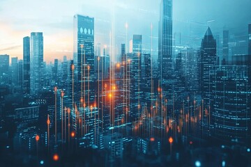 Fototapeta premium Modern Cityscape With Data Visualization Representing Digital Connections