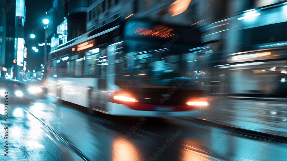 Aufkleber dynamic urban scene with a speeding bus captured during a rainy night in a vibrant city setting : ge