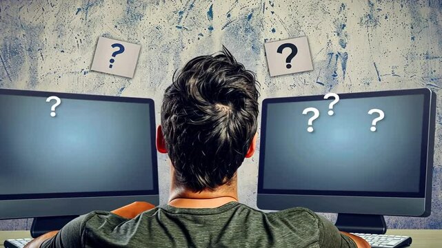 Mann sitzt mit Fragezeichen auf dem Bildschirm vor Computern