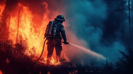 A firefighter is actively fighting a blazing fire in the forest with a hose. The image captures the intensity and courage of the firefighter battling a wildfire.