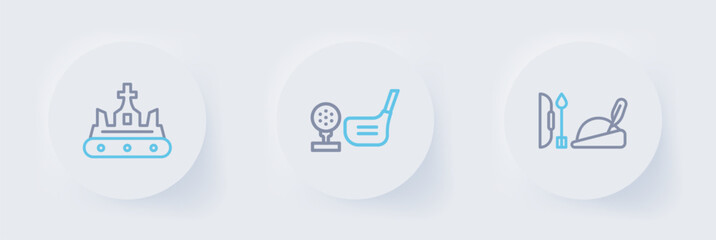 Set line Robin hood hat, Golf club with ball on tee and British crown icon. Vector