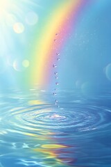 Rainbow on the sunny lake after rain
