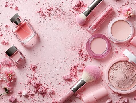 Advertising product photo of beauty product cosmetic perfume skincare and powder on pastel pink