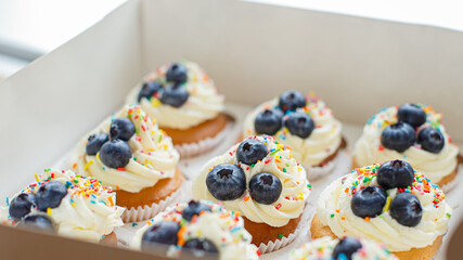 Confectionery products. Cupcake. Sweet pastries. Food and drinks.