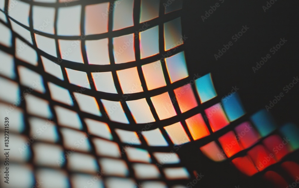 Poster abstract image featuring a grid pattern with vibrant rainbow colors, creating a dynamic and wavy tex