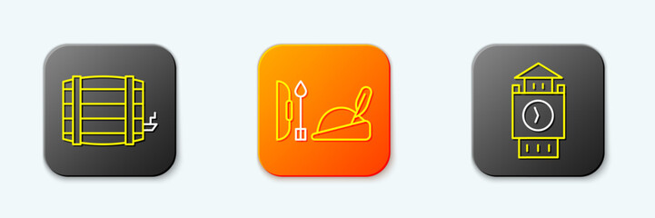 Set line Wooden barrel, Robin hood hat and Big Ben tower icon. Vector