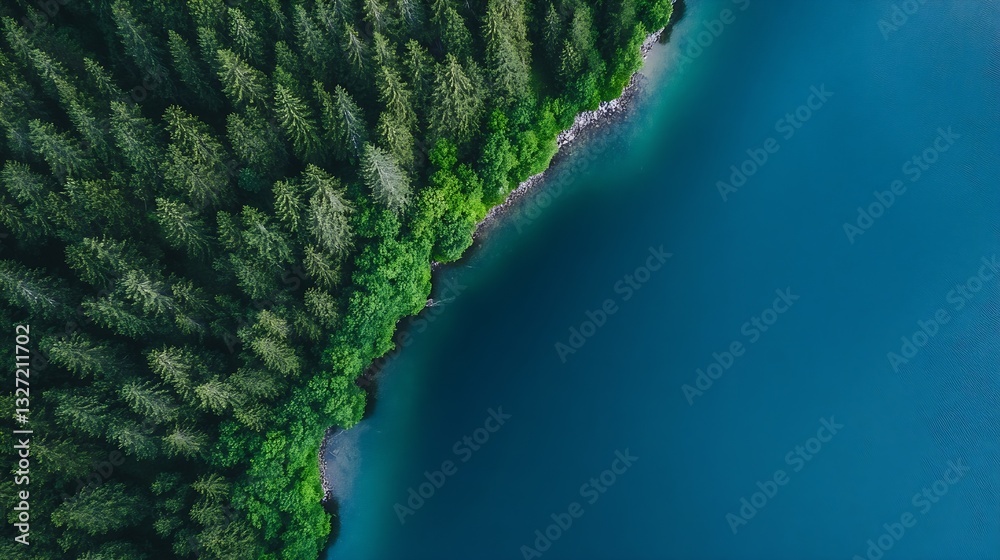 Poster aerial view of lush green forest meeting calm blue lake in tranquil nature setting : generative ai