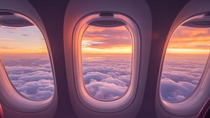 Fototapeta premium Tranquil Skies: Glimpses of Sunset from the Airplane Window's Perspective
