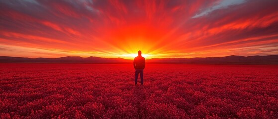 Fototapeta premium Silhouette of a Man at Sunset over a Crimson Field