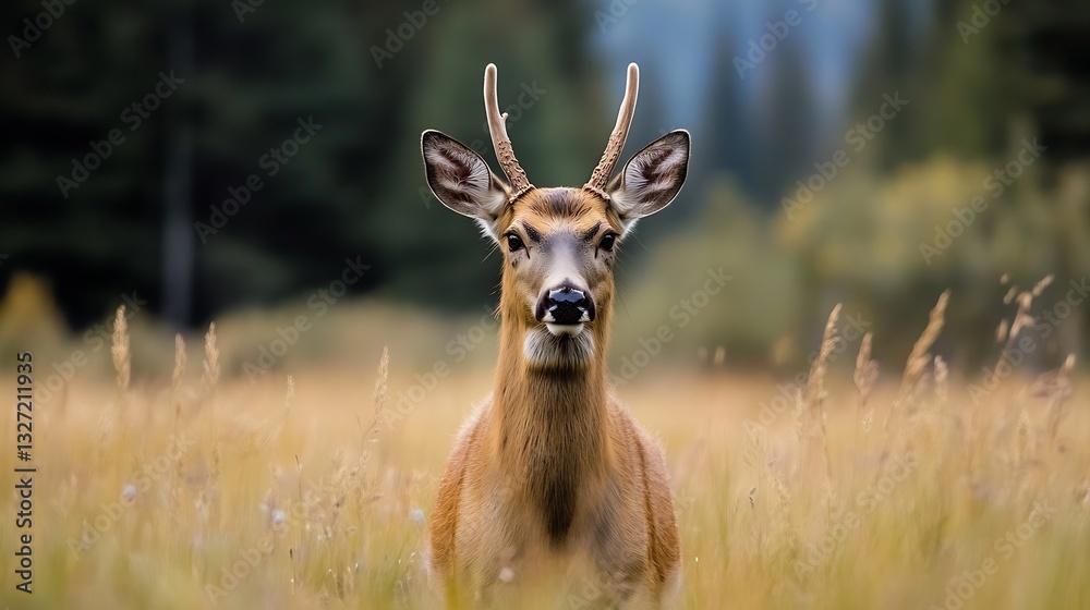 Poster Majestic closeup of a deer standing in an open field with a natural forest background : Generative AI