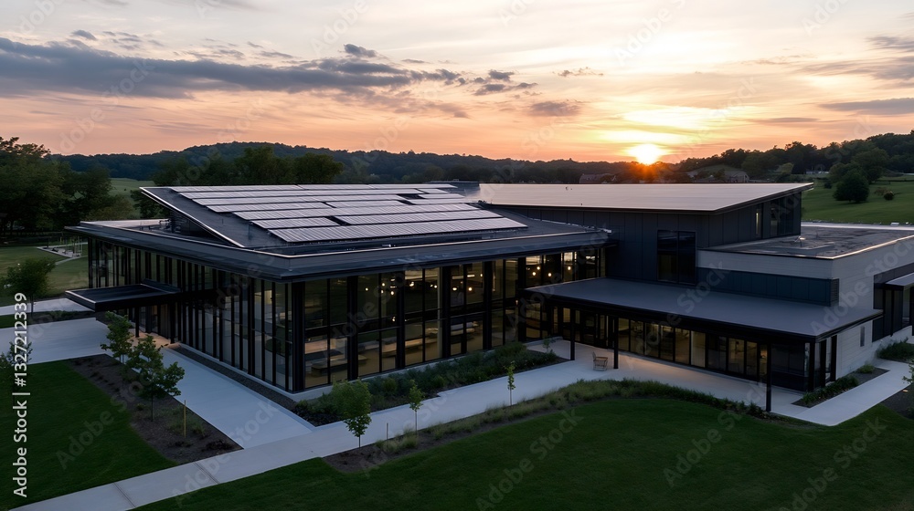 Poster modern architectural building surrounded by green grass at sunset with solar panels : generative ai