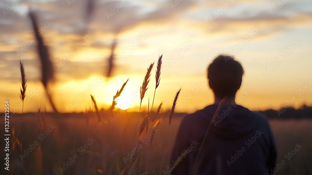 Poster Silhouette of a man enjoying a serene sunset view in a golden field during a peaceful evening : Generative AI