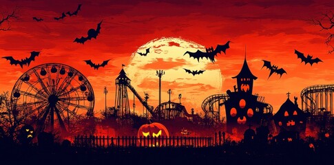 A spooky amusement park at night with flying bats and pumpkins