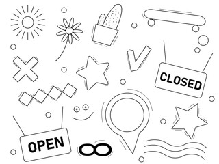 Abstract doodle set with different figures
Vector doodle set on transparent background
Cactus, flower, hollyhock, star, open