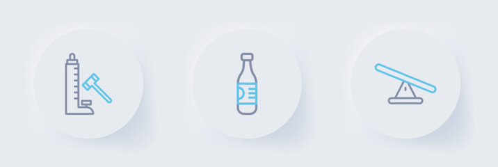 Set line Seesaw, Bottle of water and Striker attraction with hammer icon. Vector