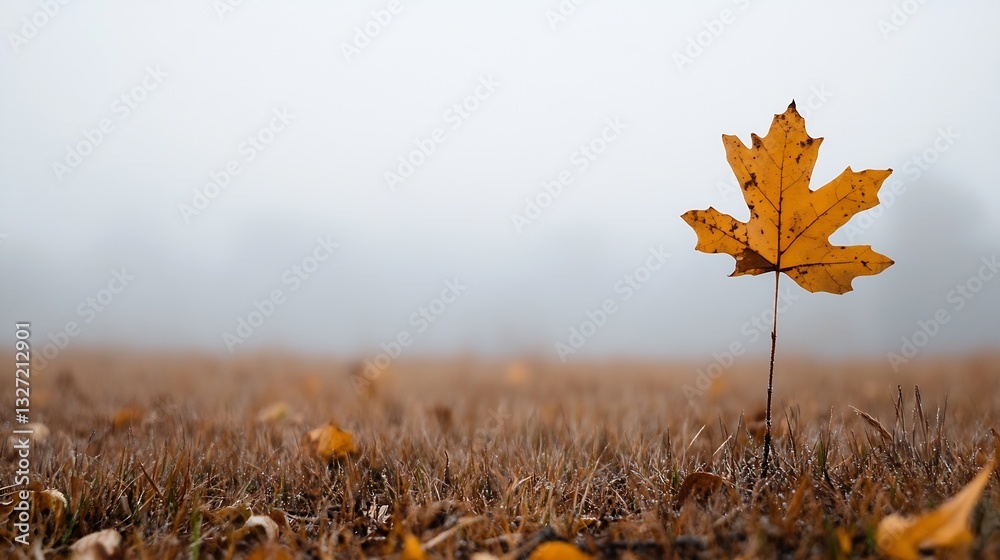 Poster Isolated autumn leaf standing out in a foggy field symbolizing resilience and change in nature : Generative AI