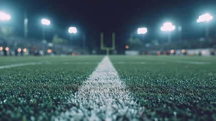 Nighttime football stadium with glowing field lights and a blurred crowd backdrop, capturing the energy of the game.
