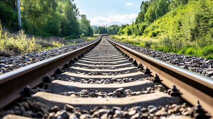 Fototapeta premium Captivating view of railway tracks stretching through a lush green landscape under a bright blue sky : Generative AI