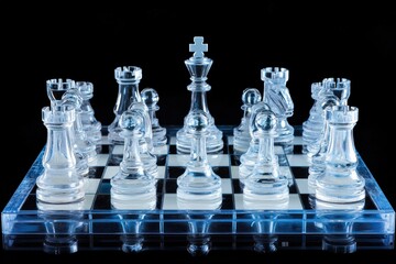 Chess match with transparent pieces on a classic board set up Generative AI