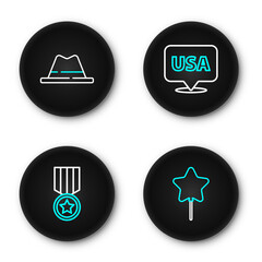 Set line Balloon, Medal with star, USA Independence day and Man hat ribbon icon. Vector