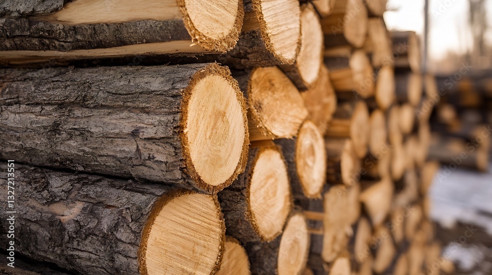 Aufkleber Close Up of Logs Stacked Neatly in a Lumber Yard for Processing : Generative AI