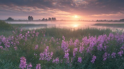 Serene Sunrise over Misty Lake with Blooming Flowers