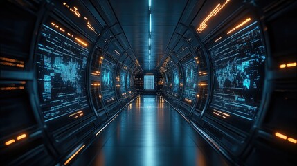 Futuristic corridor with glowing holographic displays