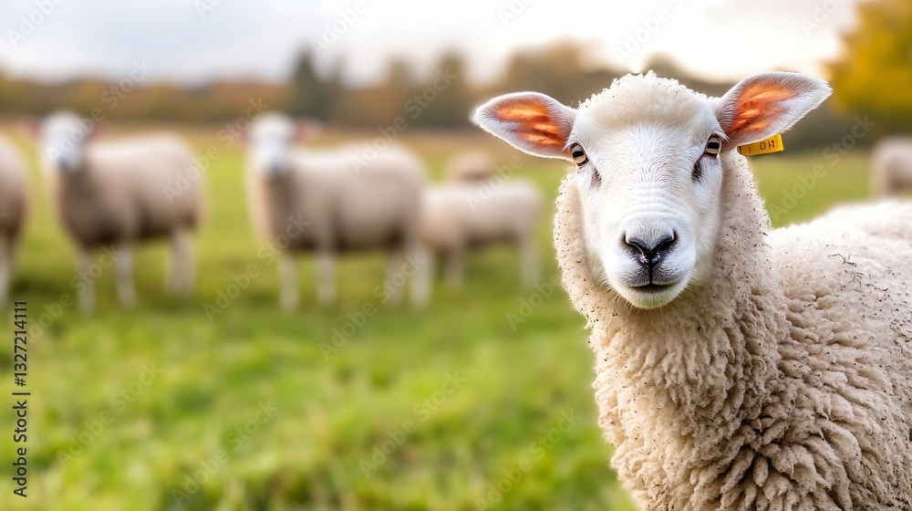 Poster Closeup shot of a friendly sheep in a grassy field highlighting its fluffy wool and inquisitive expression : Generative AI