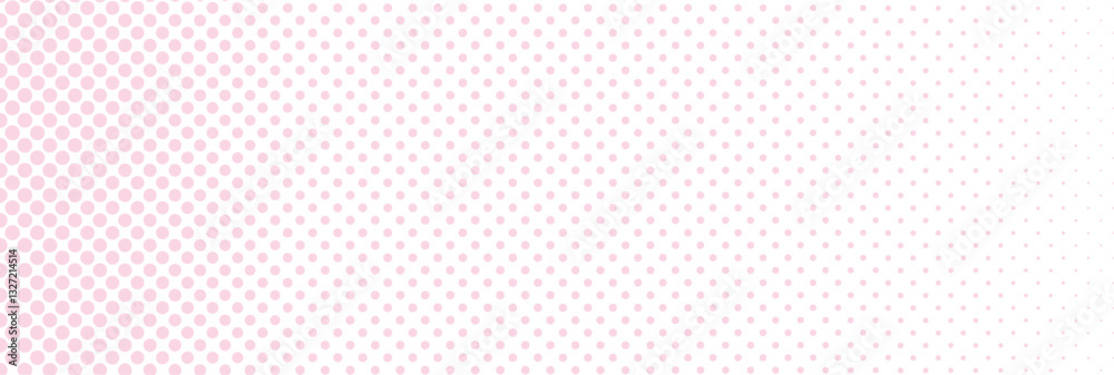 Poster Abstract halftone pattern with a gradient dot effect, transitioning from dense black circles to soft pink. Modern pop-art inspired digital background for retro and comic-style designs