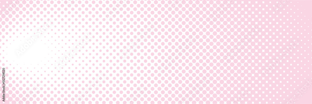 Poster Abstract halftone pattern with a gradient dot effect, transitioning from dense black circles to soft pink. Modern pop-art inspired digital background for retro and comic-style designs